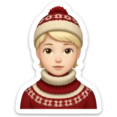 Fantasy human emoji portrait, knitted winter collar with simple pattern, festive but subtle look, warm colors, minimal fantasy style, clean emoji design, male/female variant
 sticker