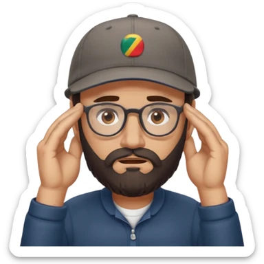 A man with a grey baseball cap, brown eyes, big dark brown beard and glasses, facepalm sticker