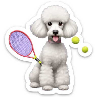 a poodle playing badminton with visible shuttlecock sticker