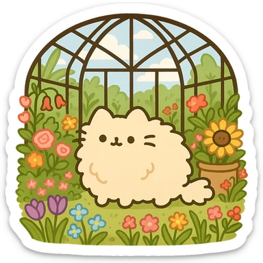pusheen-style fluffy blonde kitten in a botanical garden greenhouse filled with flowers sticker