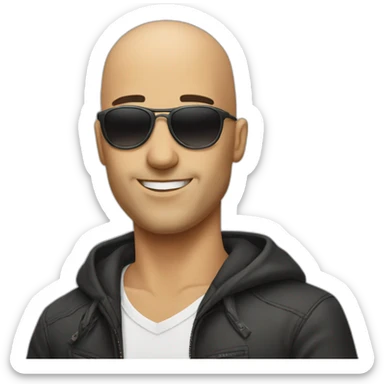 A bald guy with sunglasses amd sticker