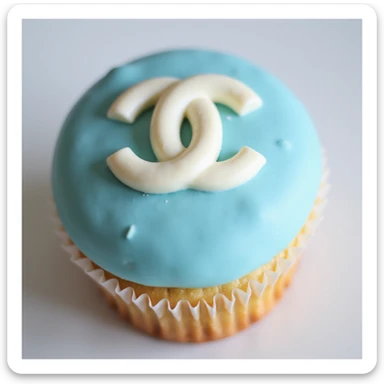 photorealistic pastel blue Chanel cupcake with a white chocolate Chanel logo, elegant sticker