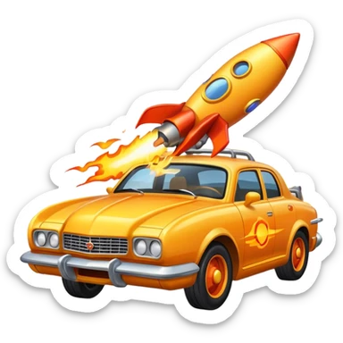 car with a rocket engine on the trunk with fire coming out of it sticker