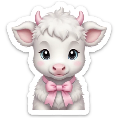 White baby calf with pastel pink ribbon around neck sticker