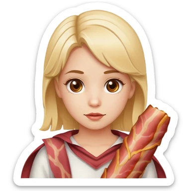A blond girl with brown eyes wearing a bacon costume  sticker