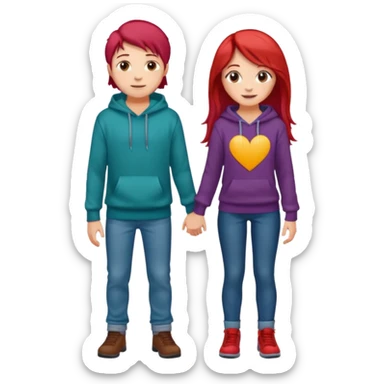 full-length happy couple, girl with long teal hair and brown eyes in colorful sweater, boy with red hair in jeans and hoodie sticker
