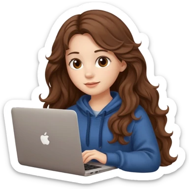 make a picture in ios 18 style of a girl with brown long wavy hair wearing cozy clothes and working on a laptop sticker