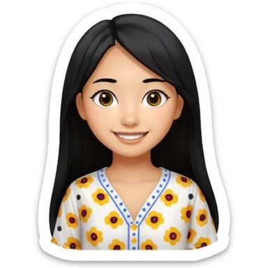 20 yr old asian woman hair white blouse with black dots center part big eyes big smile tanned skin straight black hair hippie part hair  sticker