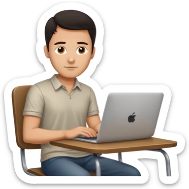 Rich man working setting on a chair in shirt, dark hair, and near the table with laptop he is german very beautiful looks like sticker