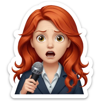 Intense fear of public speaking, white woman, long curly red hair, make hair more wavy and less puffy, and she should be holding one microphone sticker