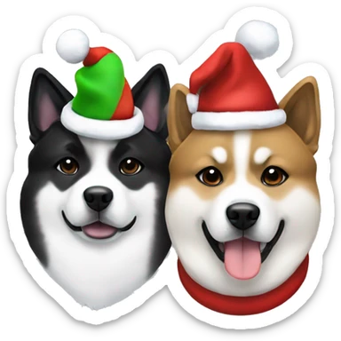Two American Akita dogs one black and white and one just black wearing Christmas hats sticker