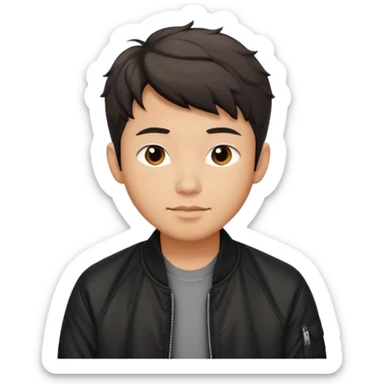 Handsome Asian guy wavy short hair, dressed cool in black bomber jacket, demure but with a smirk  sticker