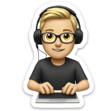 white boy with glasses and gaming headset sitting at desk on desktop computer  sticker