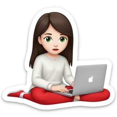 Long dark brown haired, white skinned, dark green eyed girl in white clothes girl sitting in macbook with a red case  sticker