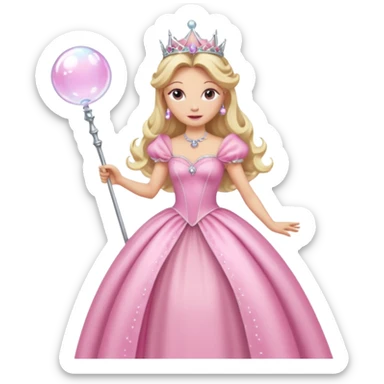 glinda the good witch from wicked movie, blonde hair, beautiful, big silver thin tiara, bubble wand, pink gown sticker