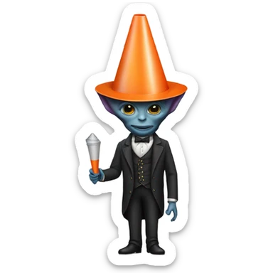 alien galora in Victorian dress elegant, full body, holding big traffic cone sticker
