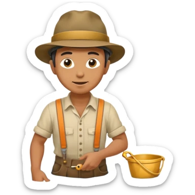 create a gold miner panning for gold near a stream sticker