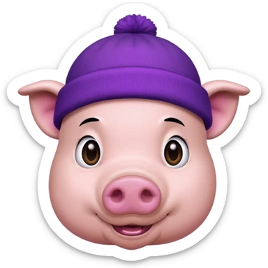expressive pig wearing a purple beanie, long straight black hair sticker
