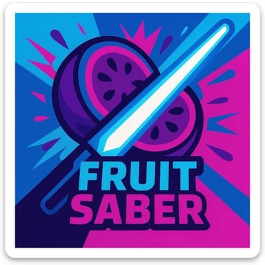 Update the logo for Fruit Saber to use blue and magenta as the theme colors, keeping the vibrant, energetic style. The image should depict a stylized fruit being sliced by a glowing saber with a dynamic composition and a modern gaming aesthetic. sticker