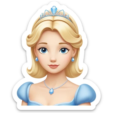 Cinematic Elegant Cinderella Portrait Emoji, rendered in a beautifully detailed, vector-style with minimal shading and bold, simplified shapes. Depict Cinderella in her classic ball gown (chest and above) with fair, porcelain skin and elegantly styled blonde hair, her eyes soft and kind, and her expression serene and graceful. The design glows with a gentle, enchanting radiance and high shine, capturing the timeless beauty of a fairy tale princess. sticker