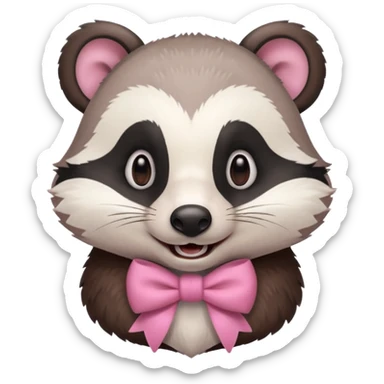 smiling badger, bust up, wearing a pink bow sticker