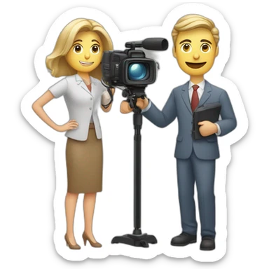 Periodista mujer y hombre con el micrófono frente a una cámara  sticker