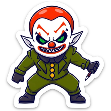 evil clown warrior, bald, short horns on forehead, fangs, pointed ears, black and military green leisure suit, battle-ready fighting posture sticker