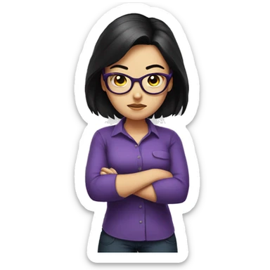 Angry scowling white girl, purple shirt, long black hair, wearing glasses, with arms crossed over chest. sticker