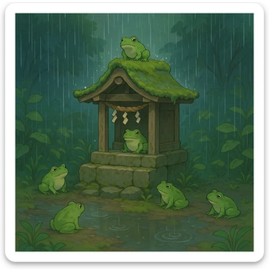 Rain falling gently on a tiny shrine surrounded by frogs. sticker