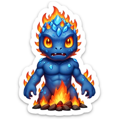 a mystical fast lava creature without arms with molten lava on its head and some rocky shoulders, fire crystals, blue flames, no background sticker