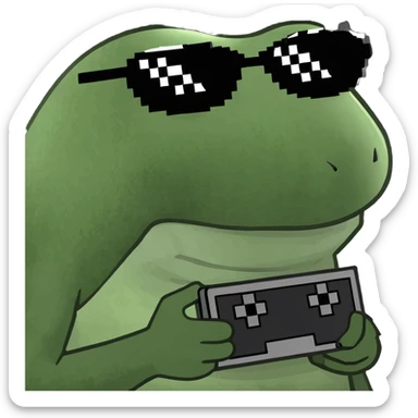 bufo with triangle shaped 8 bit sunglasses full black, confident smile, with a black hole in his hand sticker