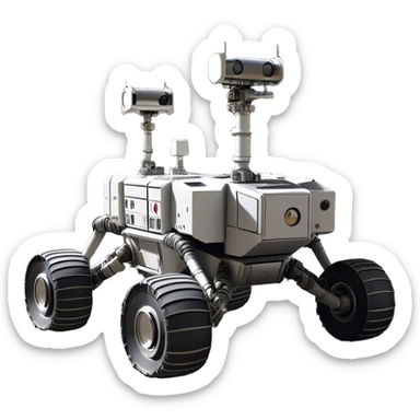 Cinematic Realistic Moon Rover – A rugged, high-tech vehicle traversing the Moon’s dusty surface. Its thick wheels leave tracks in the fine lunar regolith, with Earth hanging in the distant sky. Every mechanical detail of the rover is meticulously rendered, emphasizing its role in human exploration. sticker