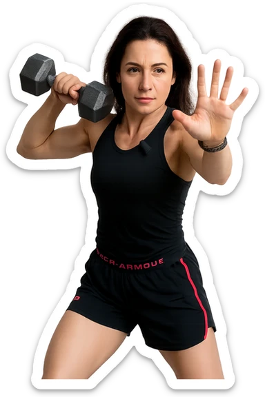 Allenamento ad alta intensità donna mentre fa pesi con in mano due manubri sticker