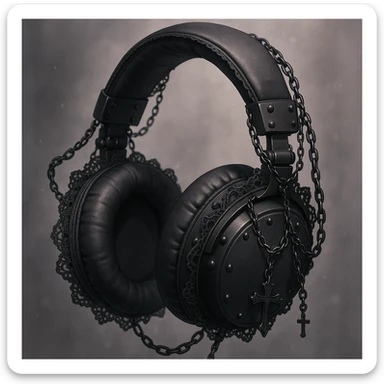 goth headphones, black with lace and chains, realistic anime style sticker