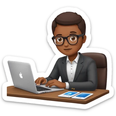 person at a desk with laptop, reviewing social media analytics, emoji style sticker