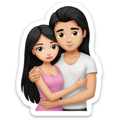 generate a pretty tan bratz boy wearing a white tshirt. Hugging a fair girl with long black hair, eyeliner, wearing a pink cami.  sticker