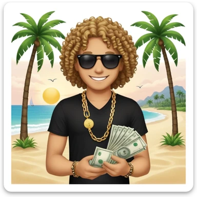 Smiling person with curly hair in black shirt and chain necklace, holding money bundles, black sunglasses, tropical beach scene with palm trees sticker