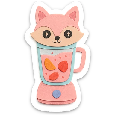 full-body pastel pink fox blender with transparent body showing fruity smoothie inside, sparkling eyes, paper craft style sticker
