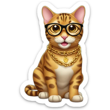 a Bengal cat wearing glasses with a golden chain around its neck, smiling sticker