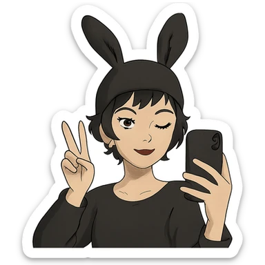 1 female, gothic pixie with a bunny ears beanie cute selfie  sticker