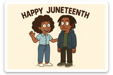 A woman Kinky hair light blue shirt blue jeans white shoes boy Dreadlocks dark brown hair green shuts navy blue zip up hoodie black jeans green shoes Bob Marley Vanessa Nakate Mae Jemison Happy JUNETEENTH sticker