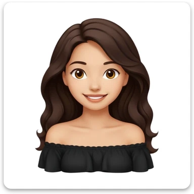 modern emoji of a young woman with medium skin tone, long wavy dark brown hair, wearing a black off-shoulder top, soft friendly smile, expressive eyes, clean warm charming style, relaxed confidence, light neutral color background sticker