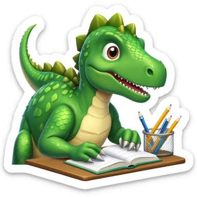A dinosaur doing homework’s sticker
