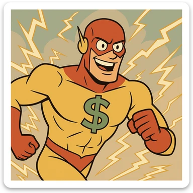 speedster superhero with lightning effects, suit with large dollar sign, modern cartoon style sticker