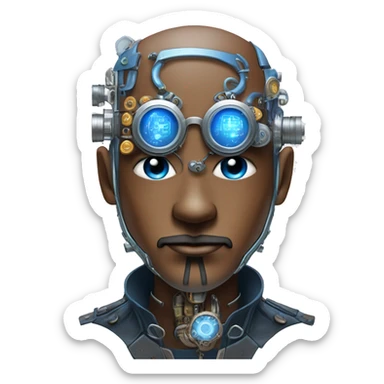 Brown shaved male cyborg head with blue beard, silver steampunk monocle goggles and circuits sticker