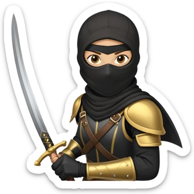 Brunette sword fighting assassin with a balaclava and black and gold armour sticker
