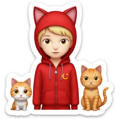 There is a kid wearing all red. Next to him there is a cat that has a red cat outfit and the cat has yellow eyes sticker
