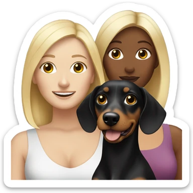 Blonde white woman and Brunette white woman holding black and tan dachshund sticker