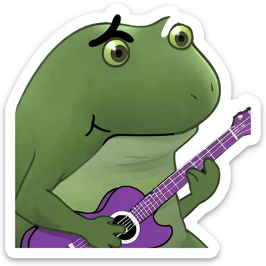 bufo frog holding a purple guitar and wearing a black hair wig sticker