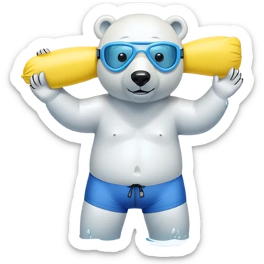 friendly anthropomorphised polar bear standing in a small puddle, wearing baggy board shorts, inflatable swimming armbands, scuba mask over eyes sticker